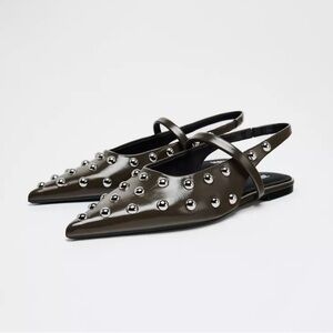 Zara Metallic Studded Flats in Dark Gray